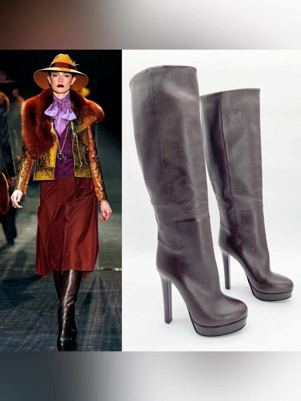 Gucci Fall 2011 Runway Alexa Dark Brown Leather Platform Knee High Boots IT 38.5